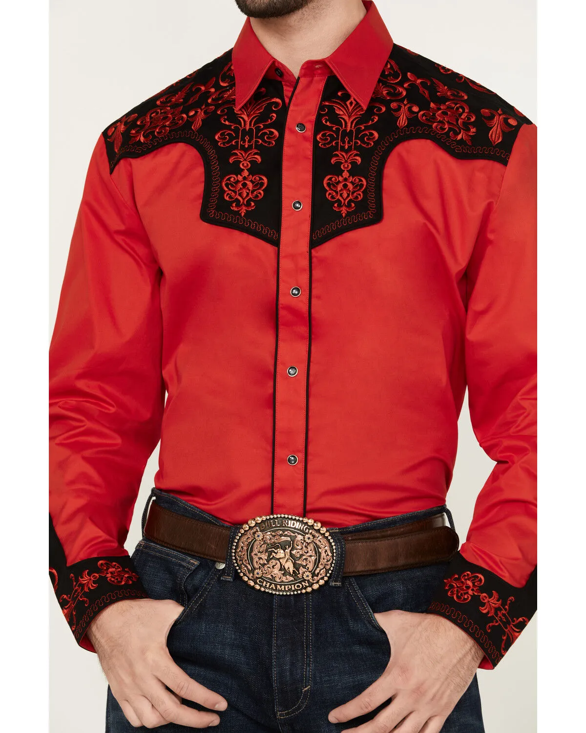 Rodeo Clothing Men's Embroidered Yoke Long Sleeve Pearl Snap Western Shirt