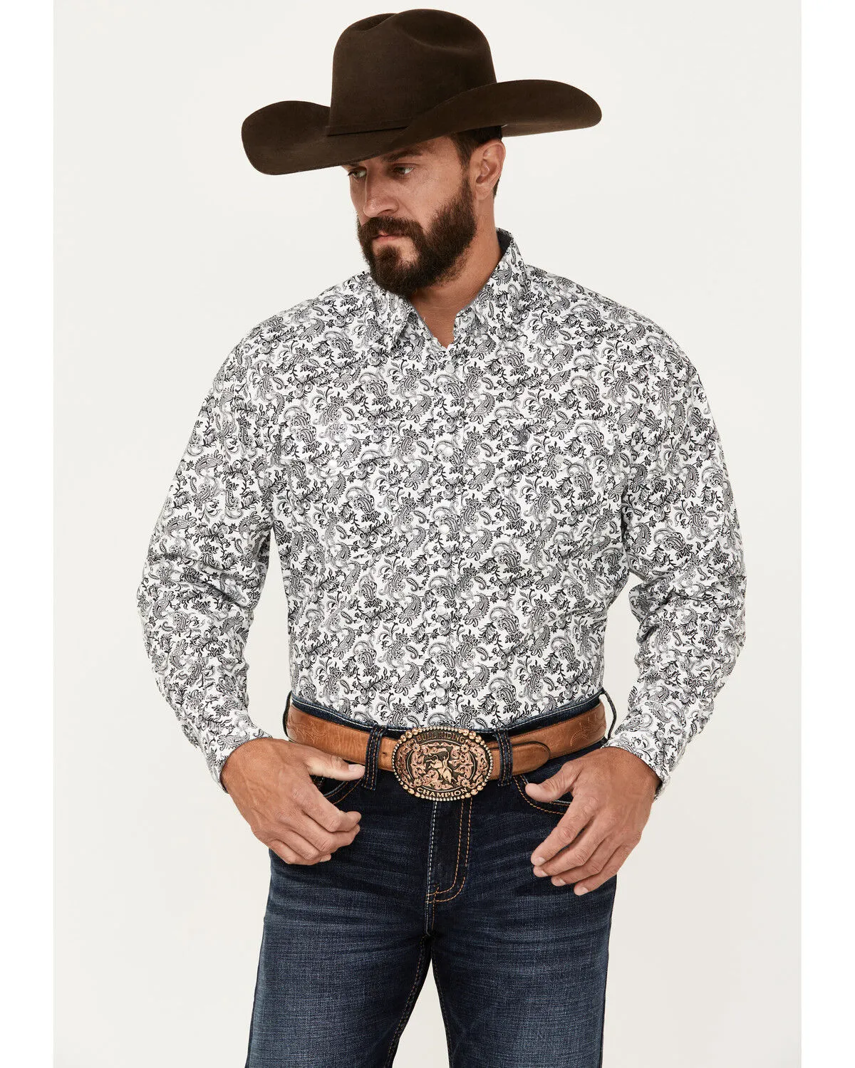 Rodeo Clothing Men's Paisley Print Long Sleeve Pearl Snap Western Shirt