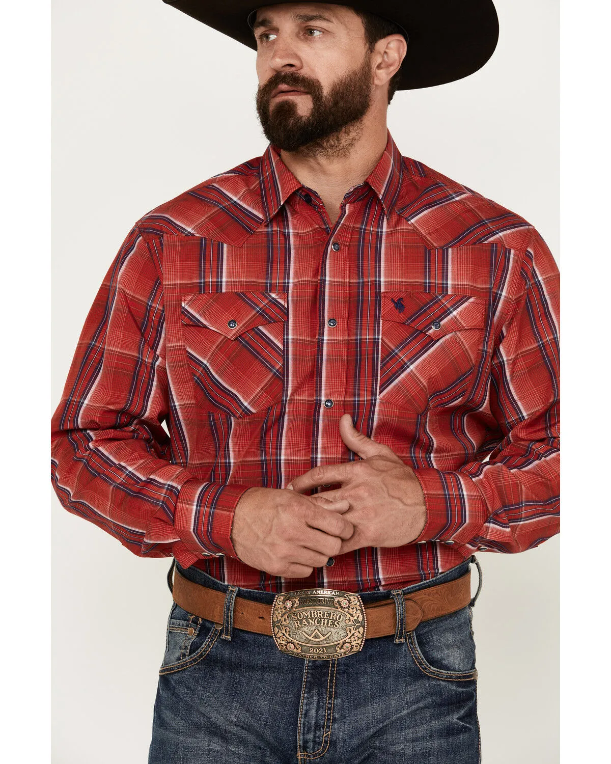 Rodeo Clothing Men's Plaid Print Long Sleeve Snap Western Shirt