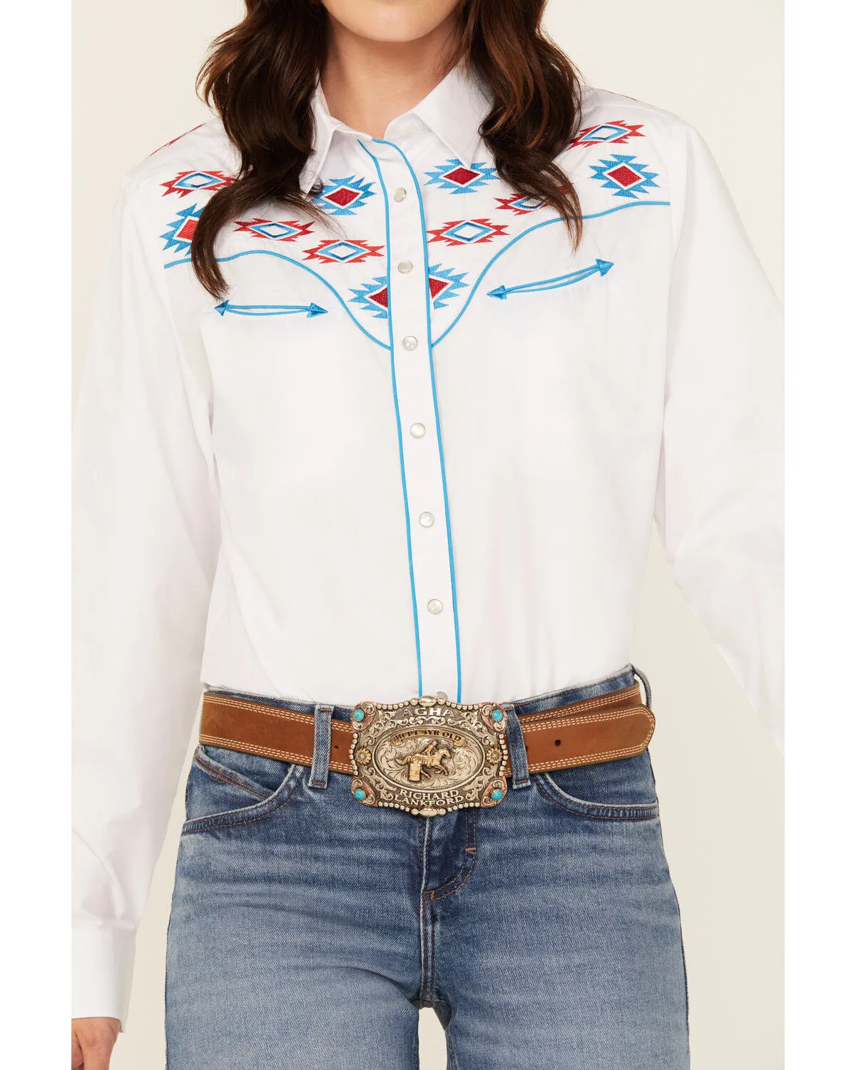 Rodeo Clothing Women's Southwestern Embroidered Long Sleeve Snap Western Shirt