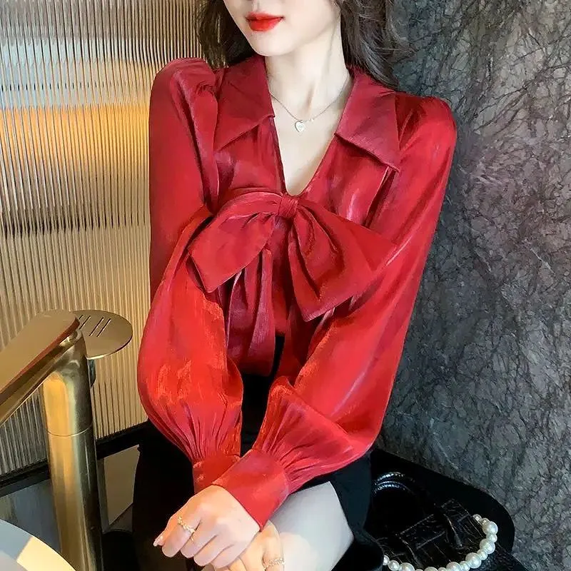 Spring Autumn Women Bow Long Sleeve Blouse M X4430631