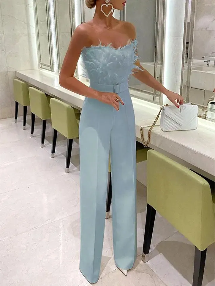 Strapless Prom Feather Jumpsuit Women M B-44981