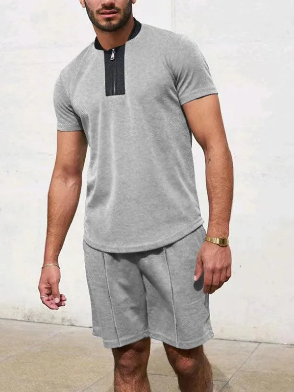 Waffle V-Neck Zipper T-Shirt Men Clothing Set