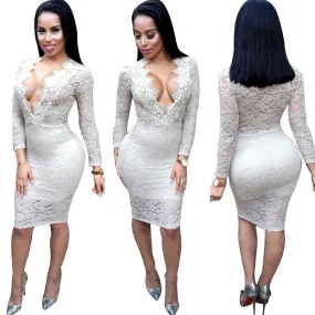 White Dress Women Clothing Sexy Long Sleeve Lace Bandage Bodycon Dress Robe vestidos Plus size Feida