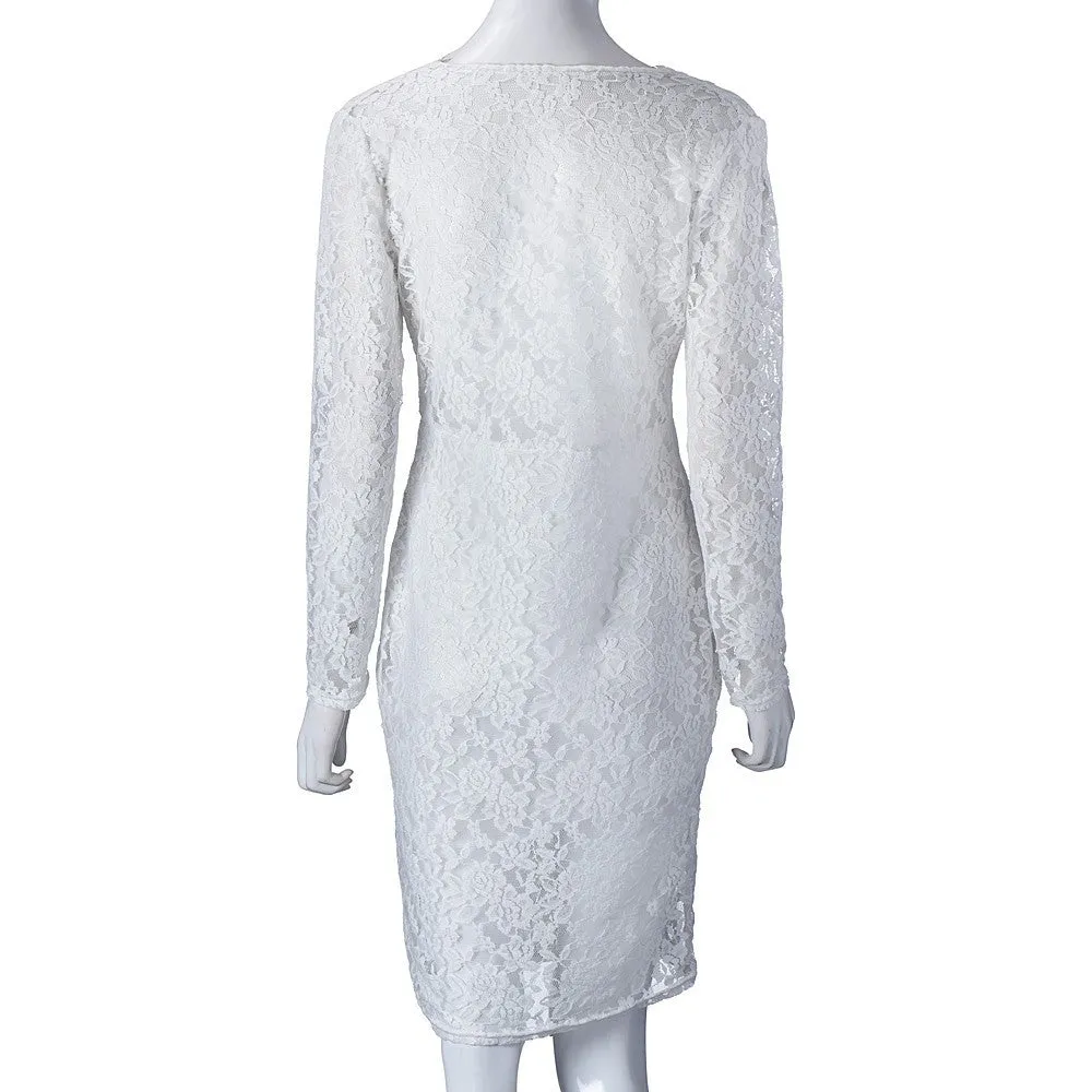 White Dress Women Clothing Sexy Long Sleeve Lace Bandage Bodycon Dress Robe vestidos Plus size Feida