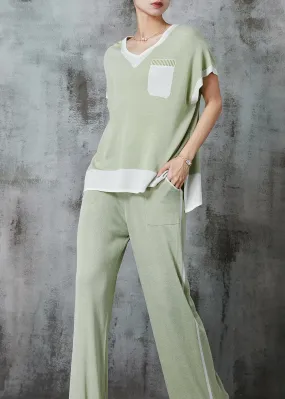 Women Light Green Oversized Patchwork Cotton Two Piece Set Women Clothing Summer