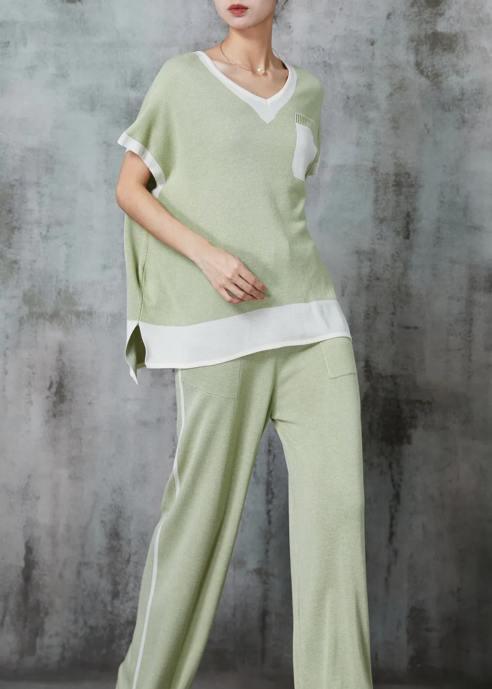 Women Light Green Oversized Patchwork Cotton Two Piece Set Women Clothing Summer