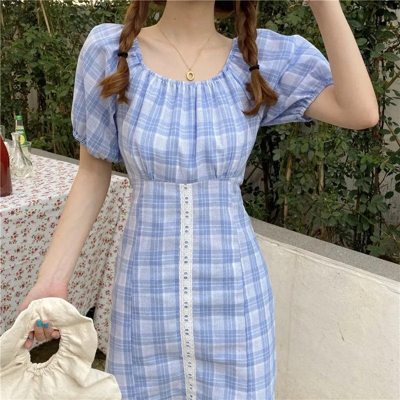 Women's Dresses Japanese Harajuku Vintage Ladies Ulzzang Retro Plaid Puff Sleeve Dress Female Korean Kawaii Clothing For Women