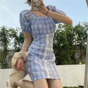 Women's Dresses Japanese Harajuku Vintage Ladies Ulzzang Retro Plaid Puff Sleeve Dress Female Korean Kawaii Clothing For Women