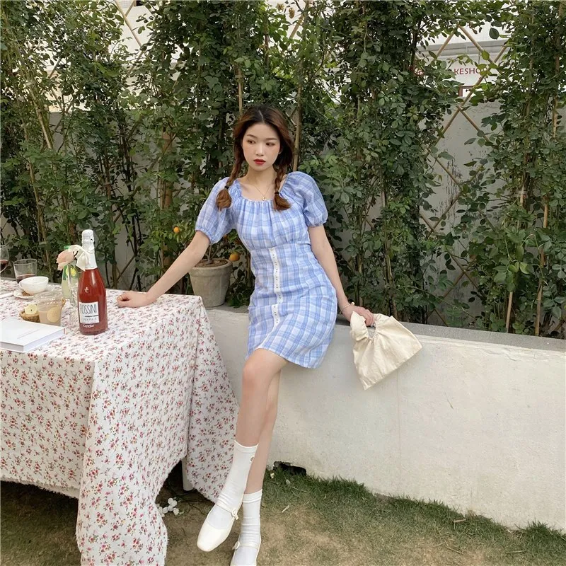 Women's Dresses Japanese Harajuku Vintage Ladies Ulzzang Retro Plaid Puff Sleeve Dress Female Korean Kawaii Clothing For Women