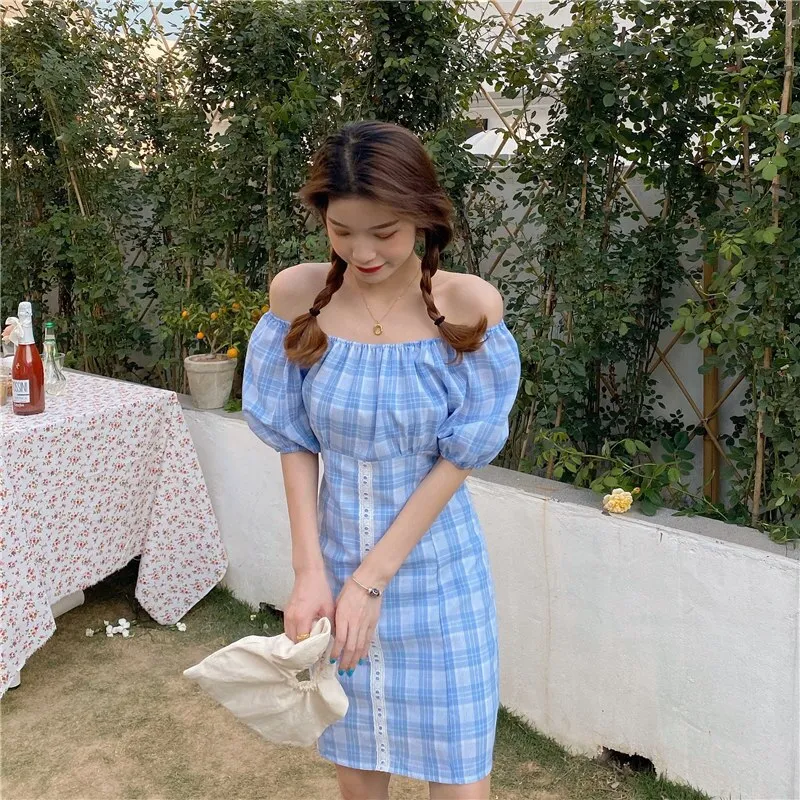 Women's Dresses Japanese Harajuku Vintage Ladies Ulzzang Retro Plaid Puff Sleeve Dress Female Korean Kawaii Clothing For Women