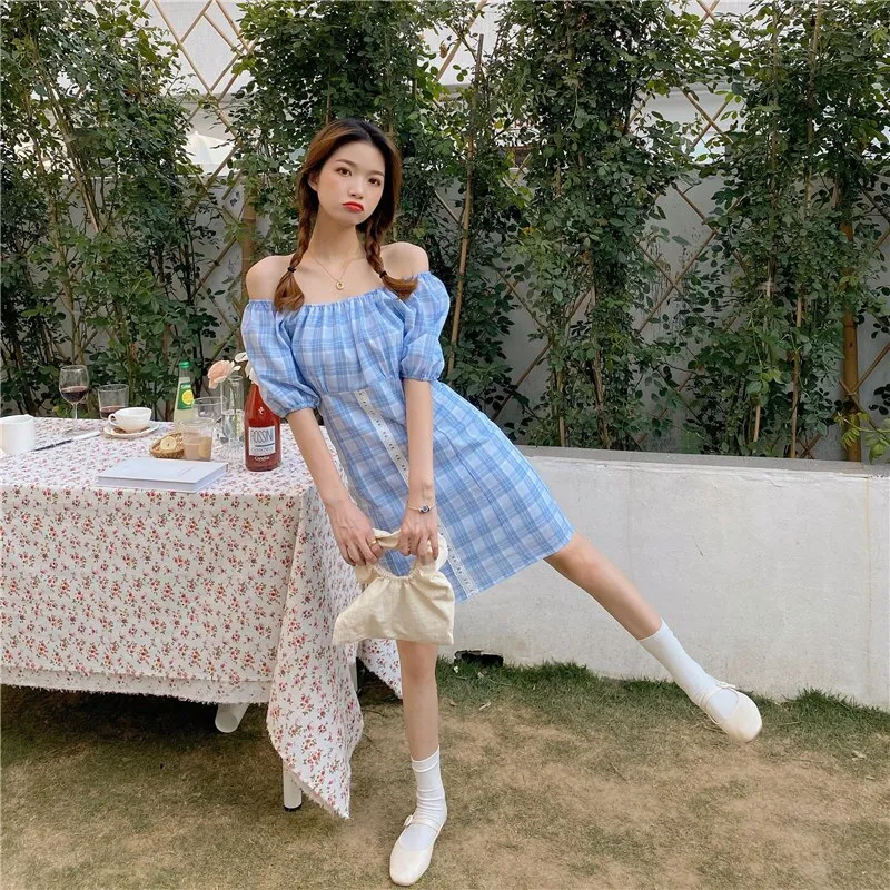 Women's Dresses Japanese Harajuku Vintage Ladies Ulzzang Retro Plaid Puff Sleeve Dress Female Korean Kawaii Clothing For Women