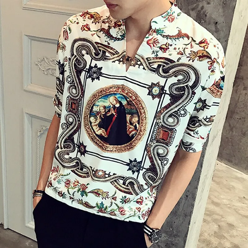 Xituodai 2022 New Arrival Hot Sale Top Fashion Brand Clothing V-neck Men Shirt Summer Loose Medium Printing Collar Cotton Casual