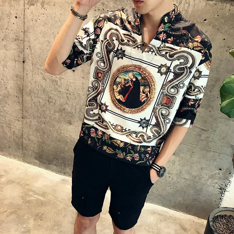 Xituodai 2022 New Arrival Hot Sale Top Fashion Brand Clothing V-neck Men Shirt Summer Loose Medium Printing Collar Cotton Casual