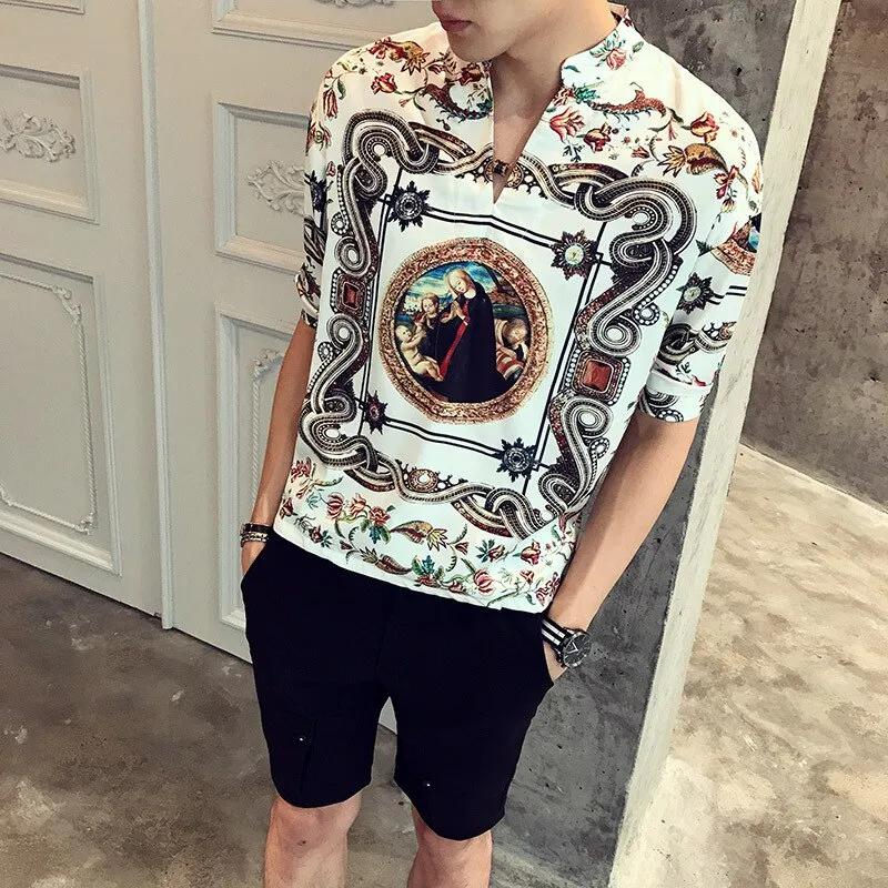 Xituodai 2022 New Arrival Hot Sale Top Fashion Brand Clothing V-neck Men Shirt Summer Loose Medium Printing Collar Cotton Casual