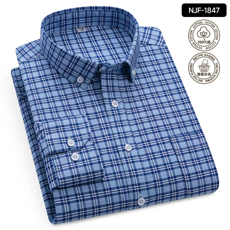 Xituodai 2024 Men Casual 100% Cotton Thick Oxford Long Sleeve Plaid Shirt for Man  White Checkered Male Clothing