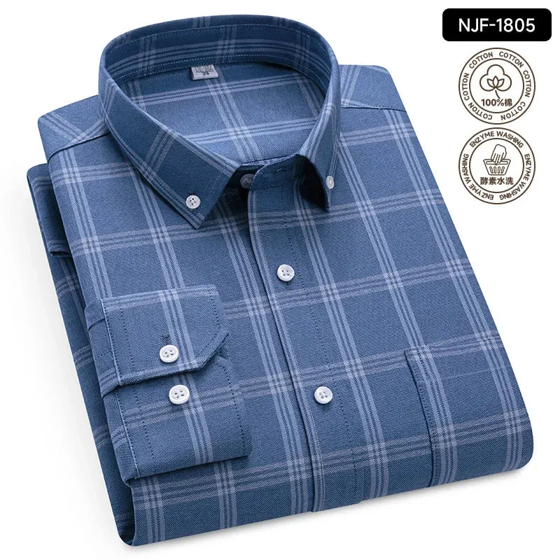 Xituodai 2024 Men Casual 100% Cotton Thick Oxford Long Sleeve Plaid Shirt for Man  White Checkered Male Clothing