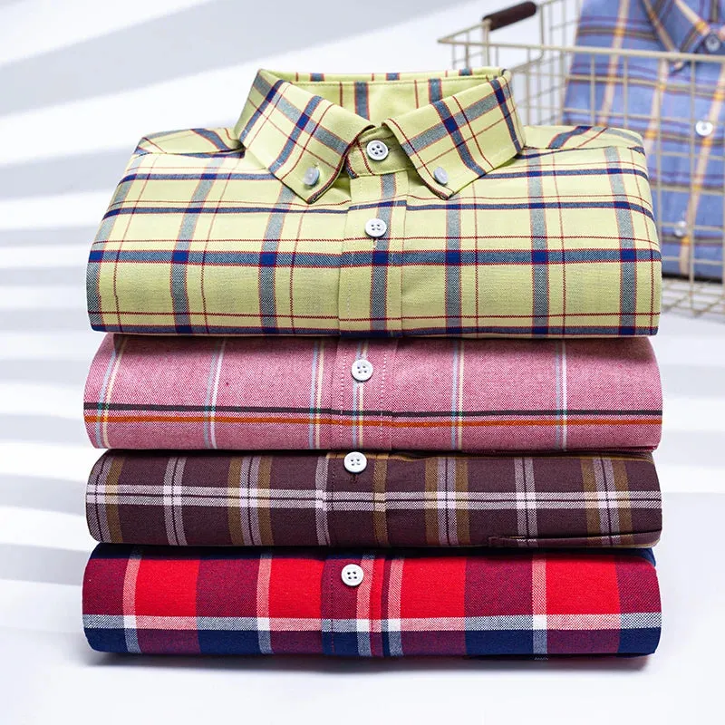 Xituodai 2024 Men Casual 100% Cotton Thick Oxford Long Sleeve Plaid Shirt for Man  White Checkered Male Clothing