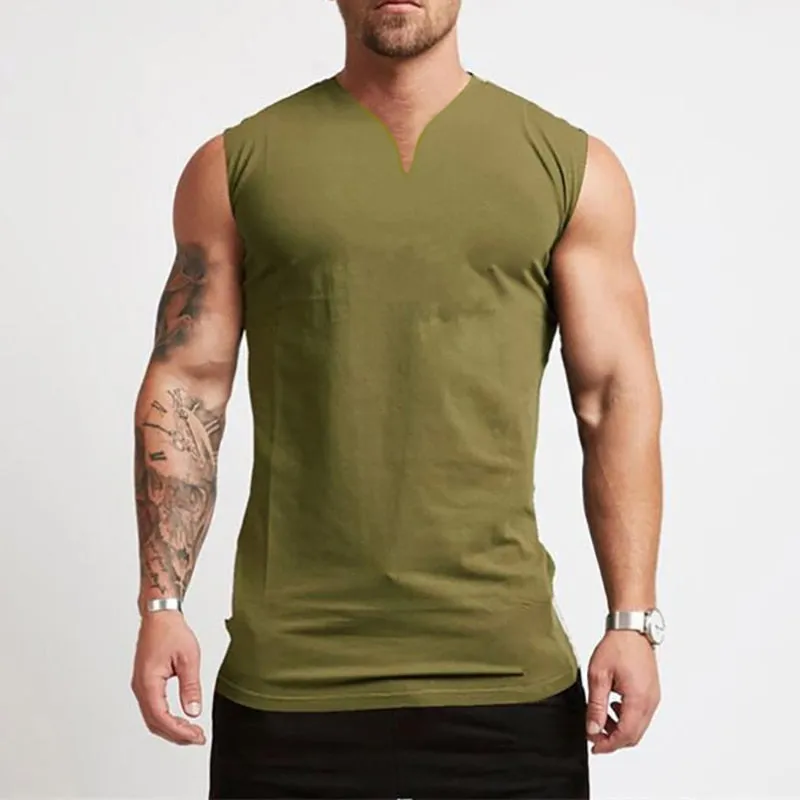 Xituodai Plain Cotton V-neck Fitness Tank Top Men Summer Muscle Vest Gym Clothing Bodybuilding Sleeveless Shirt Workout Sports S