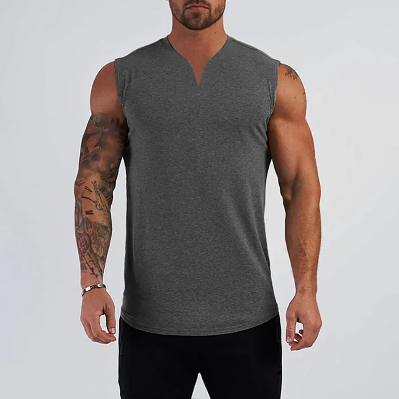 Xituodai Plain Cotton V-neck Fitness Tank Top Men Summer Muscle Vest Gym Clothing Bodybuilding Sleeveless Shirt Workout Sports S