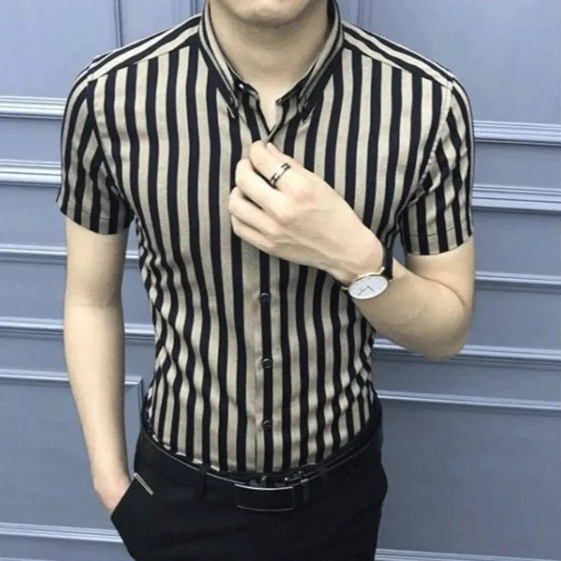 Xituodai Summer Short Sleeve Shirt For Men Korean Slim Business Casual Trend Stripe Print Youth POLO Collar Single Breasted Male