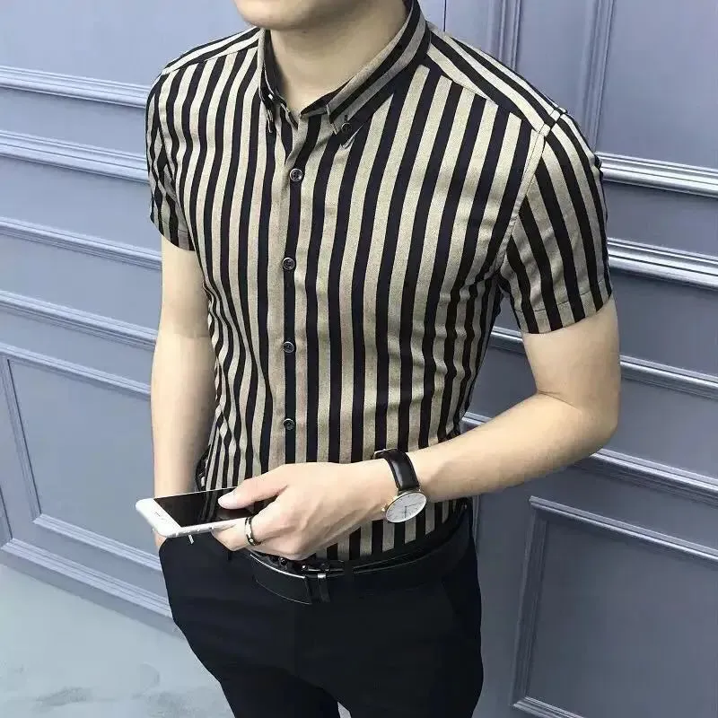 Xituodai Summer Short Sleeve Shirt For Men Korean Slim Business Casual Trend Stripe Print Youth POLO Collar Single Breasted Male