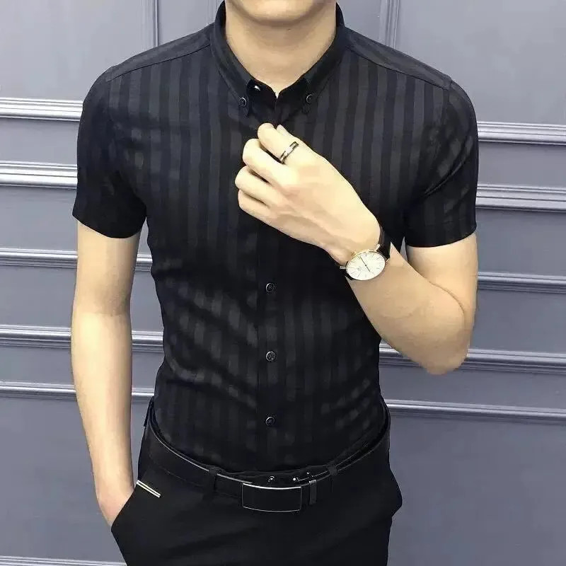 Xituodai Summer Short Sleeve Shirt For Men Korean Slim Business Casual Trend Stripe Print Youth POLO Collar Single Breasted Male