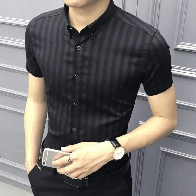 Xituodai Summer Short Sleeve Shirt For Men Korean Slim Business Casual Trend Stripe Print Youth POLO Collar Single Breasted Male