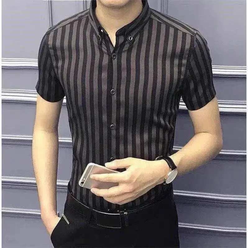 Xituodai Summer Short Sleeve Shirt For Men Korean Slim Business Casual Trend Stripe Print Youth POLO Collar Single Breasted Male